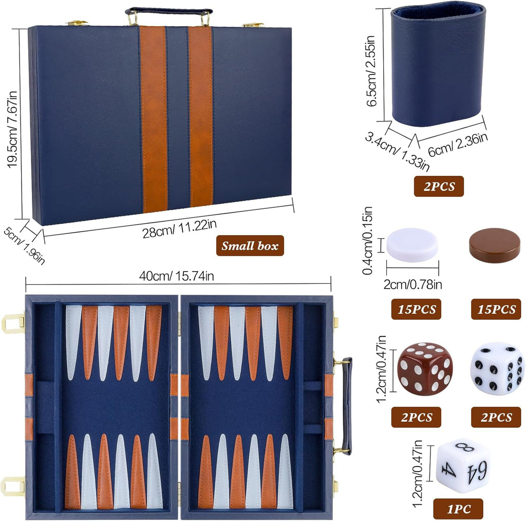 Backgammon Set 2 Players Classic Backgammon Sets for Adults Board Game with PU Leather Case Portable and Travel Backgammon Set (Navy, 11inch)