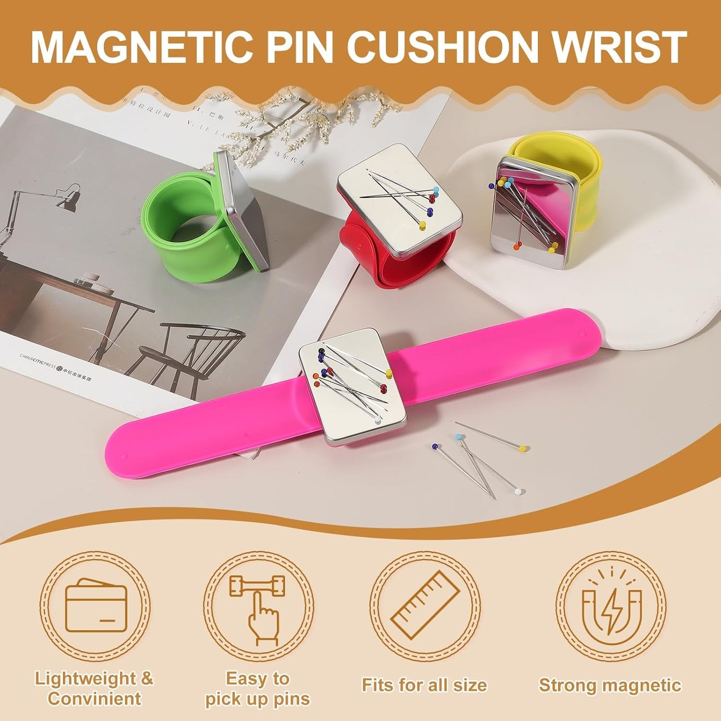 PATIKIL Magnetic Wrist Pin Cushions for Sewing, Magnetic Pin Cushion Magnetic Wrist Gel Band Holder Wristband Pincushion with Pins for Sewing Braiding Quilting Hair Clips, Pink