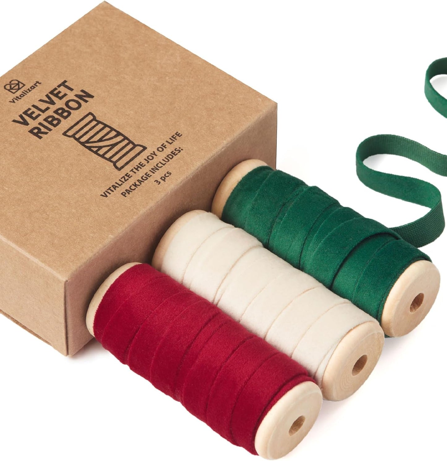 Vitalizart Christmas Velvet Ribbon 3/8" x 15 Yd Wooden Spool Fabric Trim 3 Rolls * 5 Yd for Christmas Wreath Decoration Handmade Craft Ornaments Gift Wrapping & Bow Making
