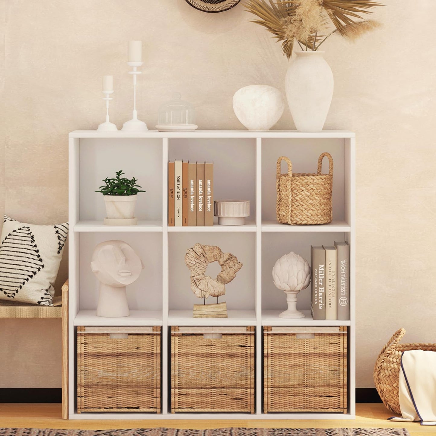 Wooden 9 Cube Storage Organizer with Closed Back Panel,White Cube Shelf Heavy Duty Cubby Storage Organizer with Compartments for Living,Display Shelf,Bookshelf