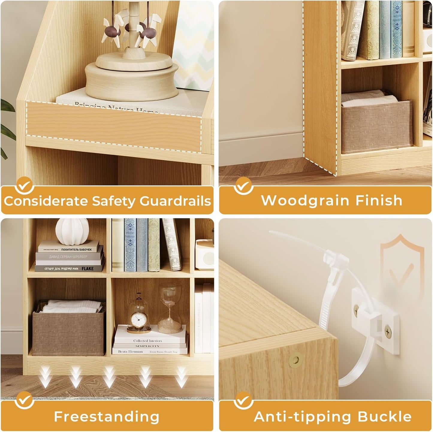 6-Cube Wooden Storage Bookcase - 11-Inch Open Shelf Cabinet, Simple Modern Bookshelf Organizer for Home Office, Living Room, Oak
