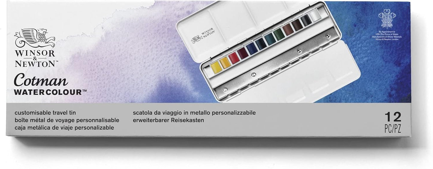 Winsor & Newton Cotman Watercolor Paint Set, Customisable Travel Tin, 12 Half Pan