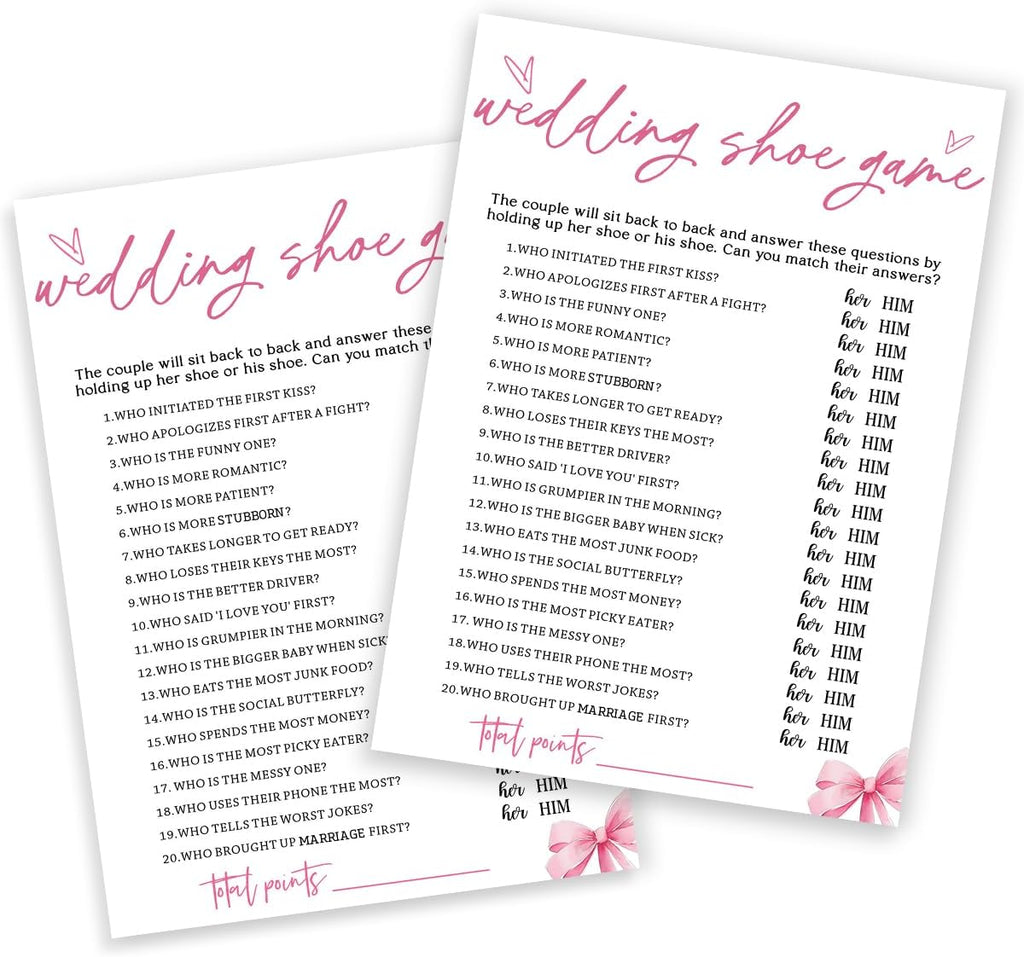 Wedding Shower Games Cards, Wedding Shoe Game, Bridal Shower Games 25 Guests, Engagement Party Wedding Games for Guests, Pink Ribbon Bow Wedding Party Supplies - E04
