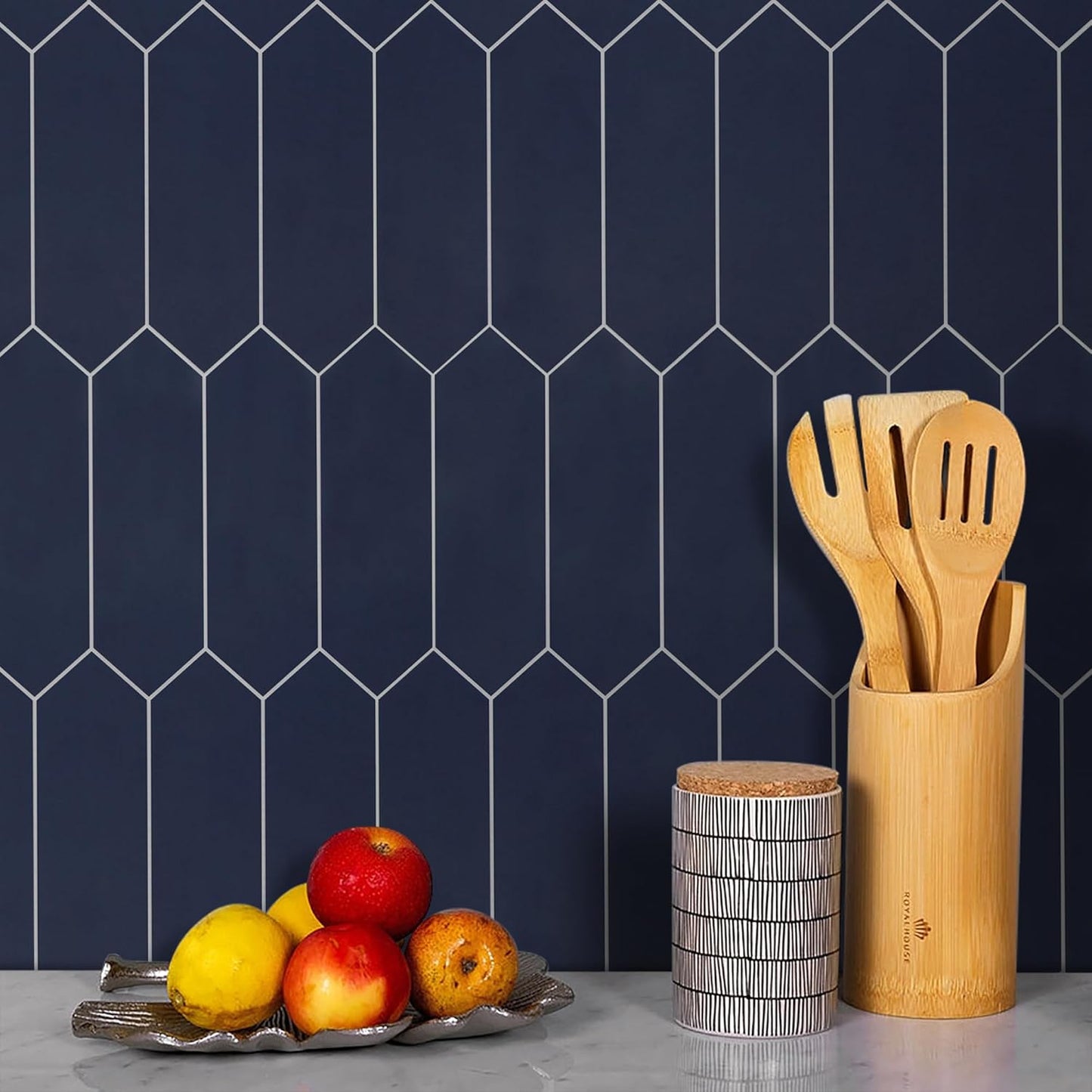 SUNWINGS Backsplash Tile for Kitchen Peel and Stick, Stone Composite Self Adhesive Tiles Long Hexagon Mosaic Wall Tile for Kitchen, 12 Inch x 11.22 Inch 10 Sheets Navy Blue