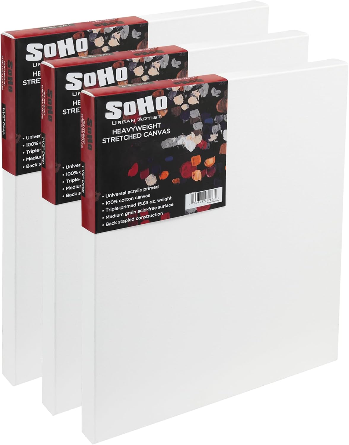 SoHo Urban Artist, 36x48 Heavyweight Stretched Cotton Canvas for Painting - 1.5" Deep- 3 Pack, Triple Primed, 100% Cotton Canvas, Archival, Universal Primed for Oil, Acrylic, Alkyd, Mixed Media