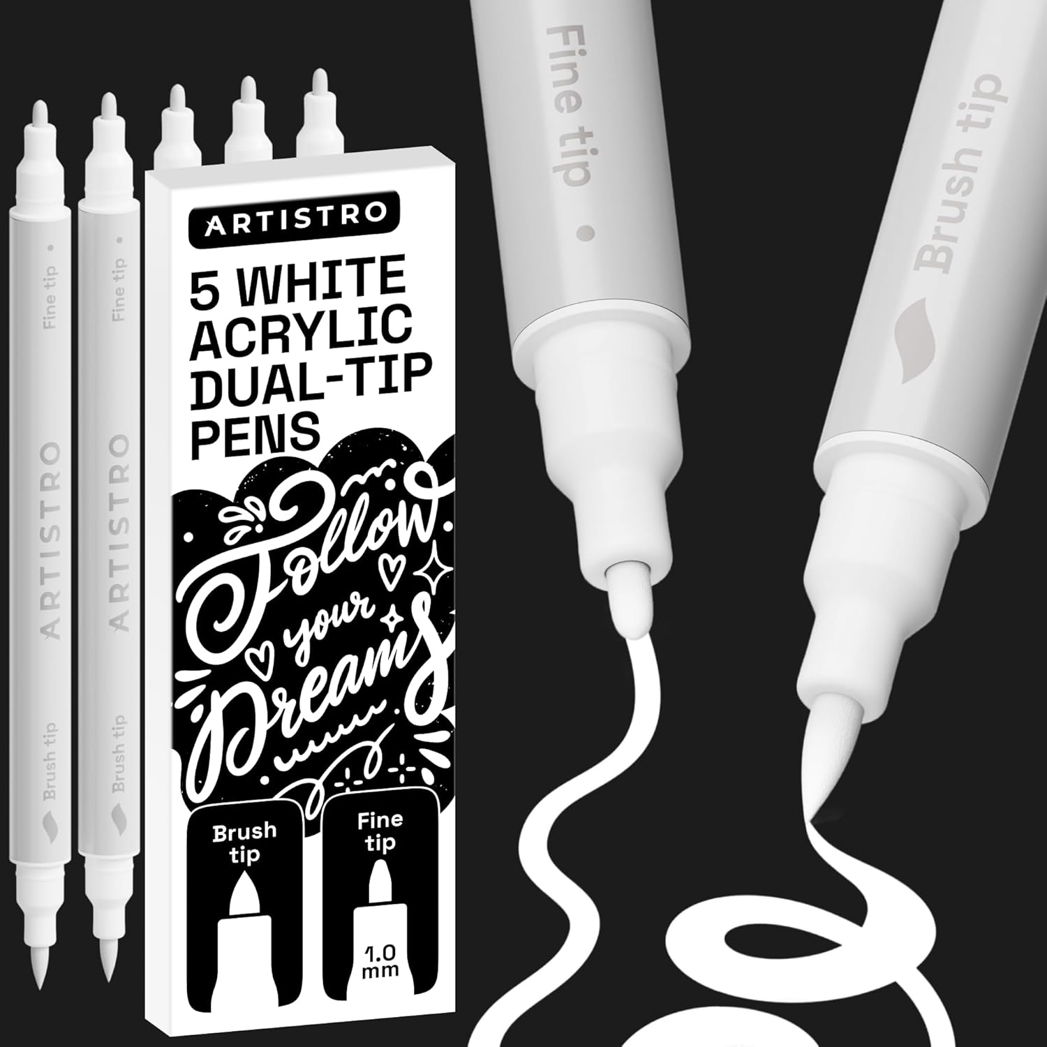 ARTISTRO 5 White Dual Tip Brush + Fine Acrylic Paint Markers - Easy for All Ages & Levels Paint Pens for Fabric, Rock, Glass, DIY - Halloween Pumpkin Painting Kit, Art Supplies, Christmas Gift