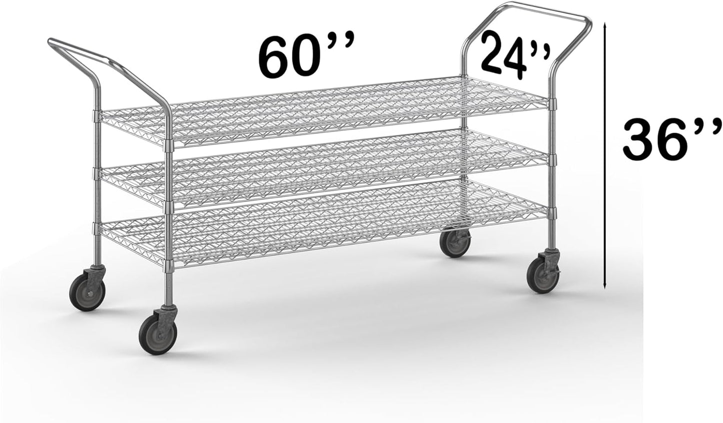 24" W x 60" L x 36" H Chrome Heavy Duty Utility Cart | 3-Tier | NSF Commercial Storage Rack Mobile Unit | Storage and Mobility Solution for Your Business