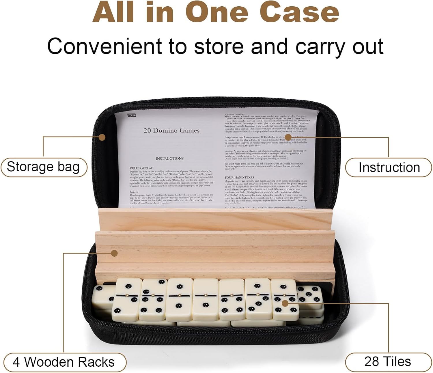 Dominoes Set for Adults, 28 Tiles with 4 Wooden Racks/Trays, Portable Double 6 Domino Game Set, Classic Board Game for Family Fun
