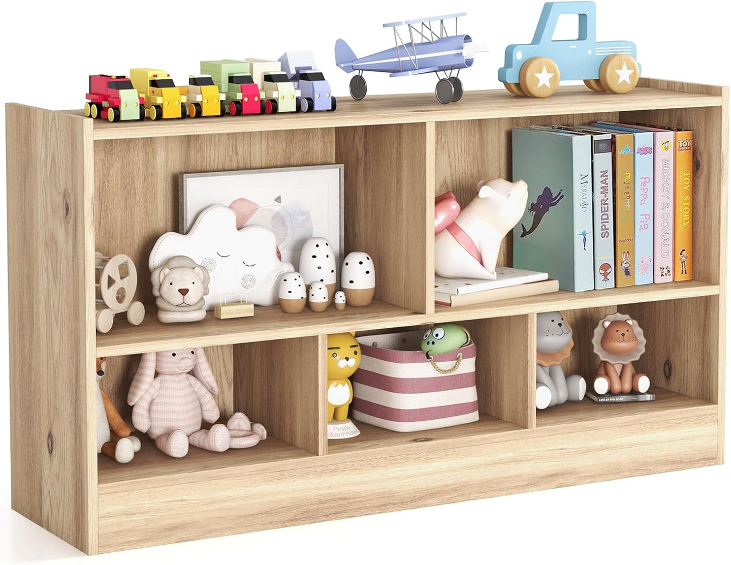 KOTEK Kids Storage Organizer, 5 Cubby Kids Bookshelf, Wooden 2-Layer Bookcase Storage Cabinet, Toy Shelf for Daycare, Nursery, School Classroom, Playroom, Living Room & Bedroom (Natural, 5 Cubes)