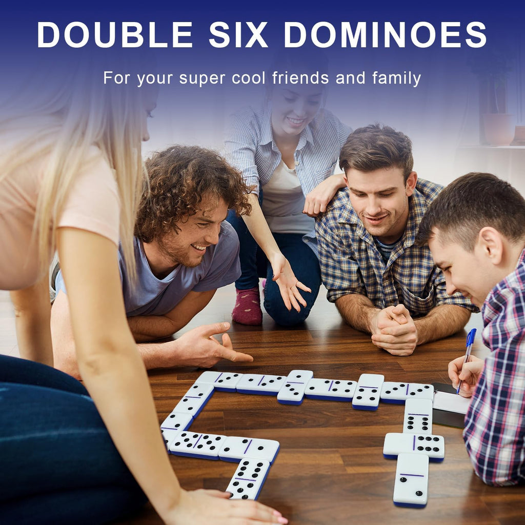 IDTQ Dominoes Set for Adults, Double 6 Dominos Game Set with 28 Domino Tiles Double with Upscale Gift Boxes -7 Polyhedral Dice -Classic Board Games (Dark Blue)