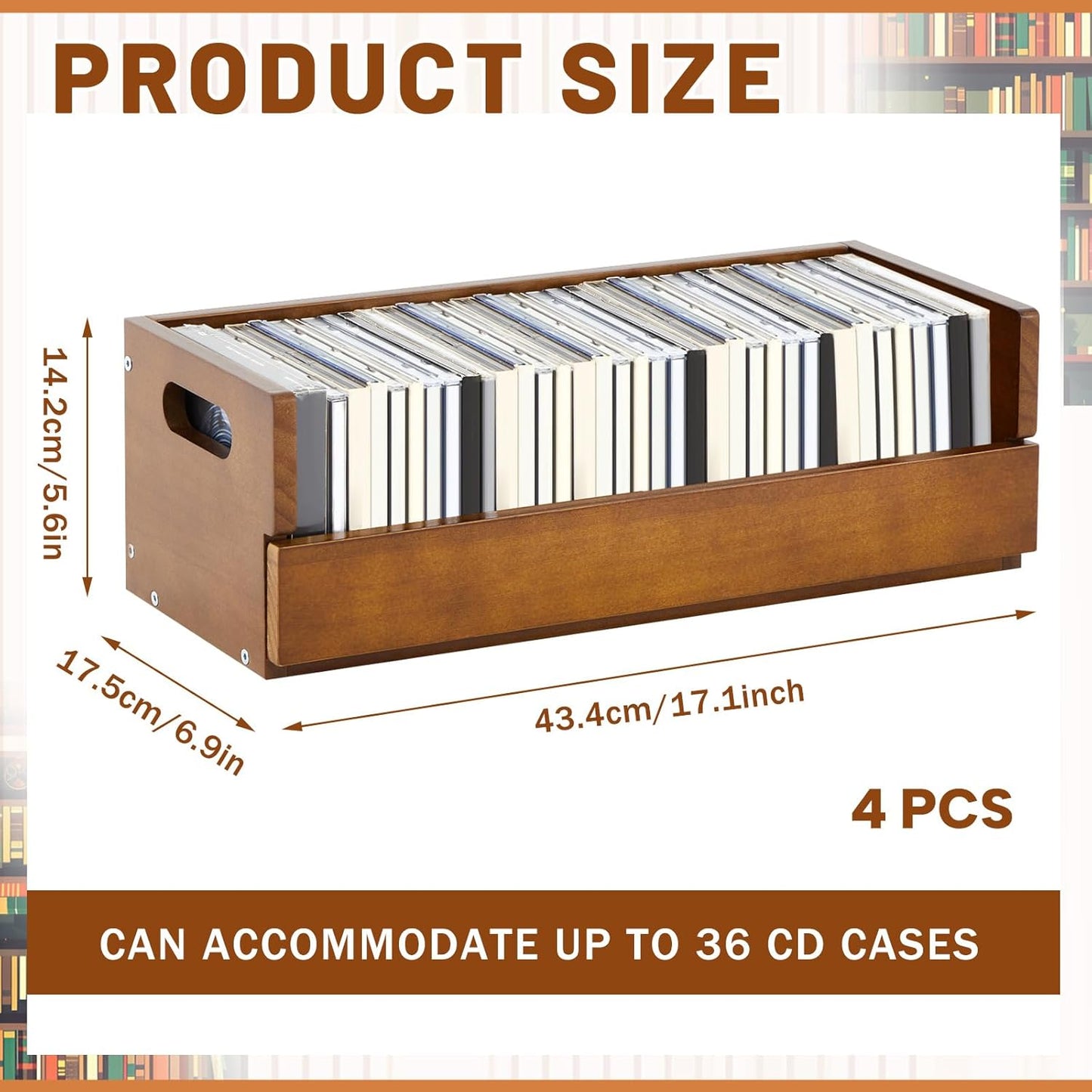 4 Set Wooden CD Storage Box Holder Shelf Cassette Tape Display Racks with Carrying Handles, Organizer Shelf for Movie Cases, DVDs, Each Set Can Store up to 36 Pcs CDs (Brown)