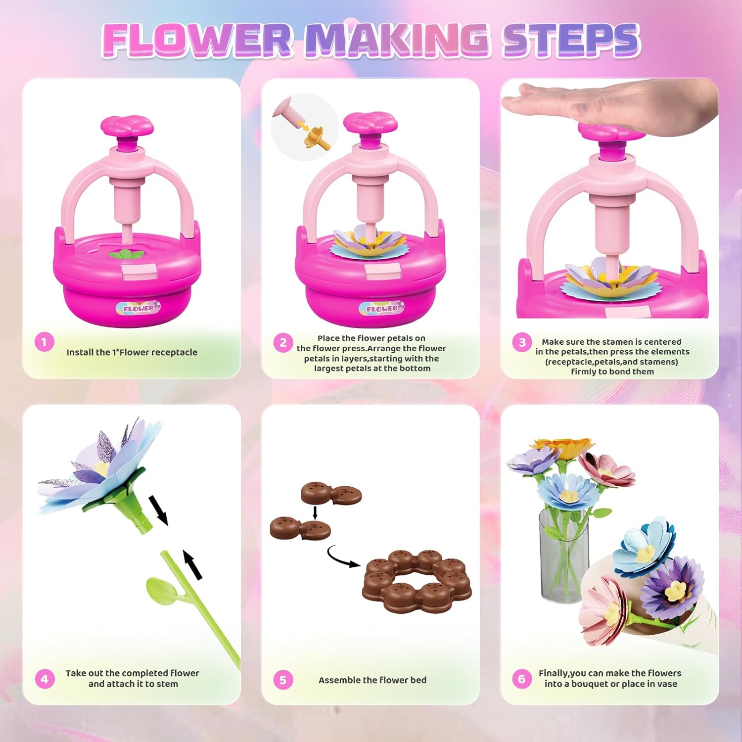 Plunack Flower Bouquet Craft Kits for Kids Age 4-8, Flower Press Kit DIY Flowers Making Toy for 4 5 6 7 Year Old Girls Arts & Crafts Toys Educational Handmade Activity Set, Birthday Gift for Girls 3+