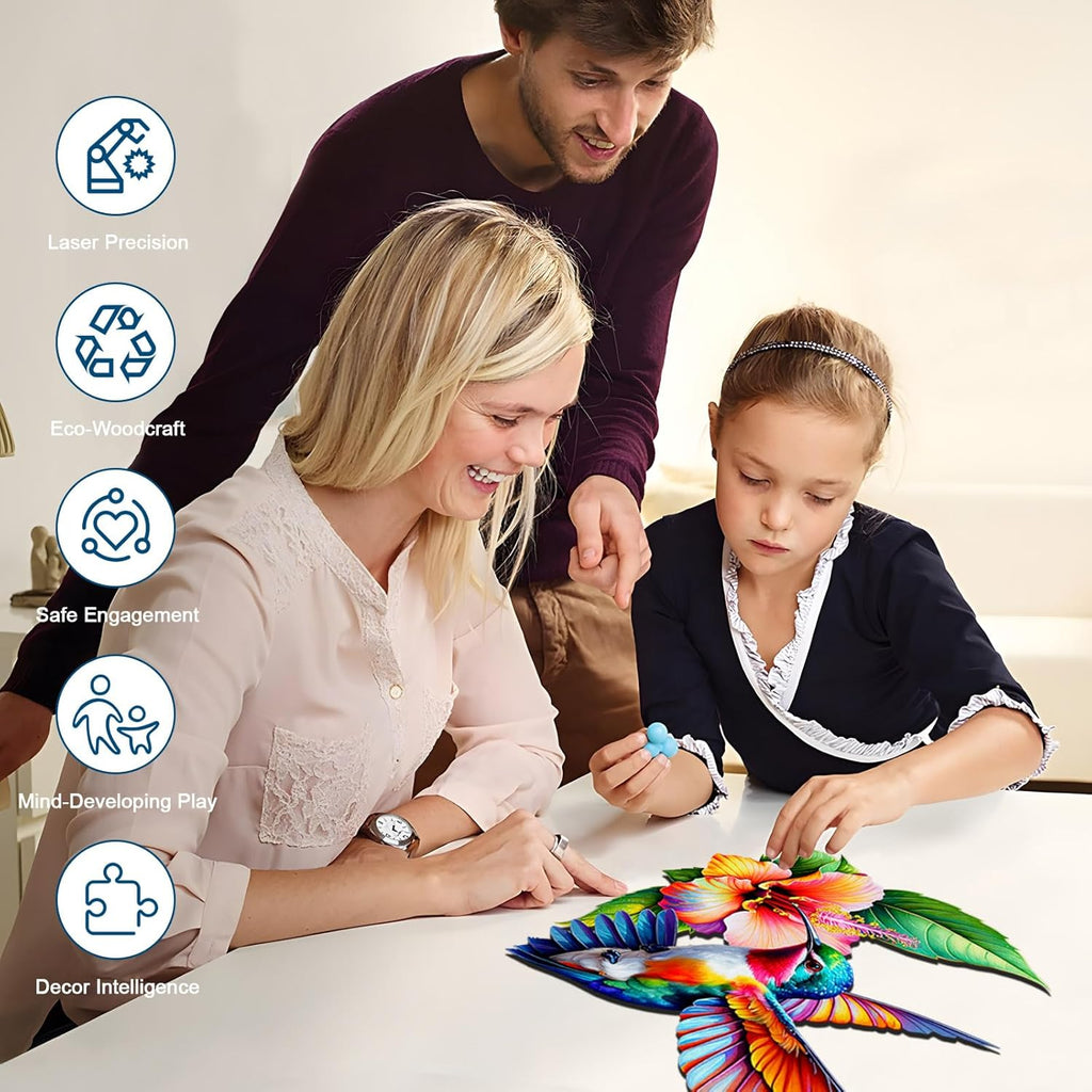 Wooden Jigsaw Puzzles for Adults and Kids, Hummingbird Blossom 200 Piece Unique Shaped Puzzle, Family Game and Creative Wooden Puzzle Gift, Wall Art Decor