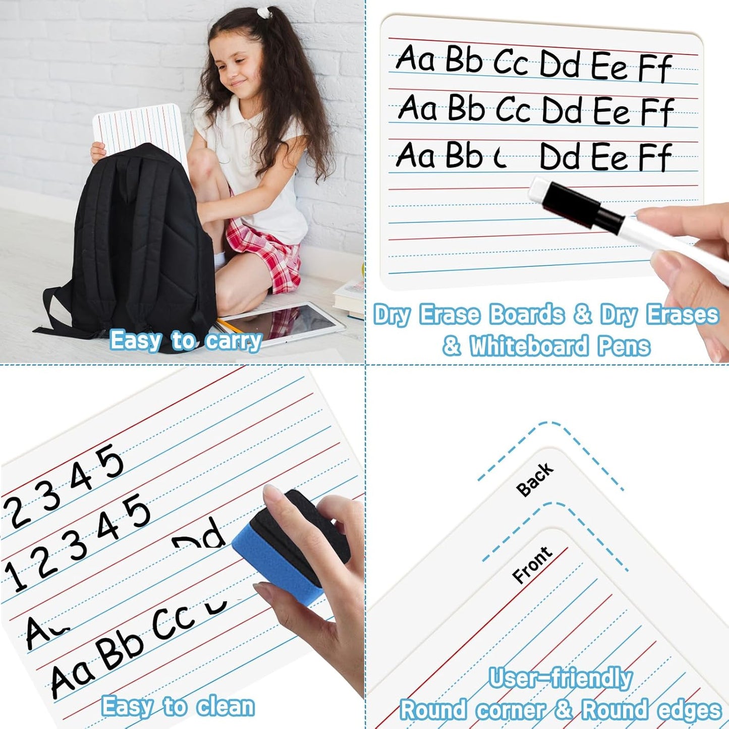 6pack Dry Erase Board 9"x12" with Lines and Blank Surface Learning,Math,Writing - Student,Teacher & Homeschool Supplies Mini Whiteboard Erasers Included Colors pens