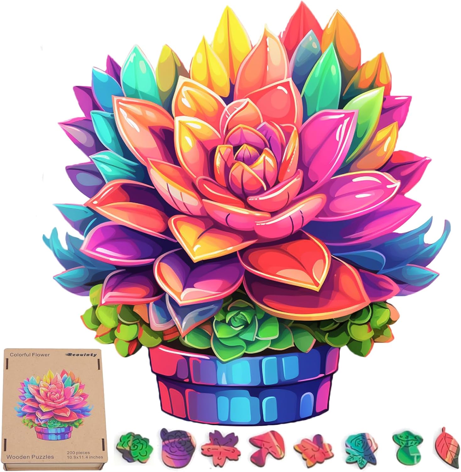 Valentine's Day Wooden Puzzles Colorful Flower Pot 200pcs 11.2'' x 11.2'', Luxurious Shaped Wood Puzzle, Beautiful Package, Best Gift for Adults and Kids, Family Game