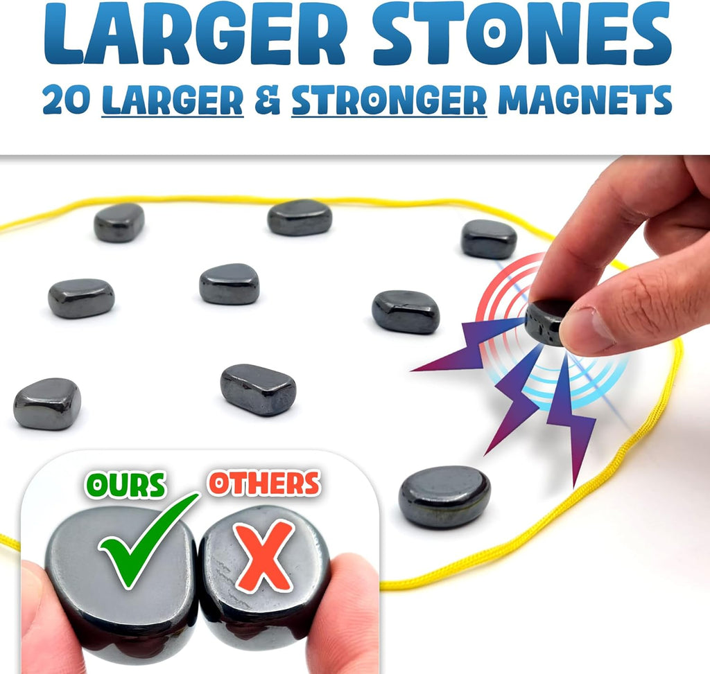 Upgraded (Multi-Level) Magnet Chess Game with String & Stones - Clear & Simple Instructions | Premium Set with 20 Larger & Stronger Stones, Adjustable Rope, 2 Dice & Travel Pouch | for Kids & Adults