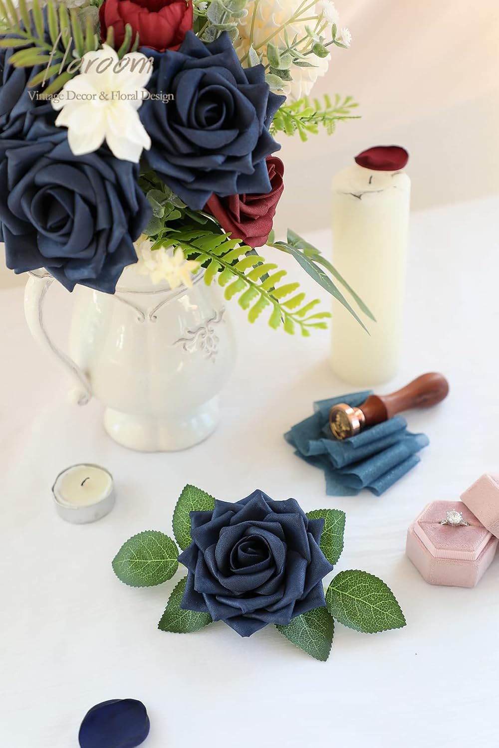 Floroom Artificial Flowers 16pcs 3.5" Real Looking Navy Blue Foam Fake Hybrid Tea Roses with Stems for DIY Wedding Bouquets Bridal Shower Centerpieces Floral Arrangements Party Tables Home Decoration