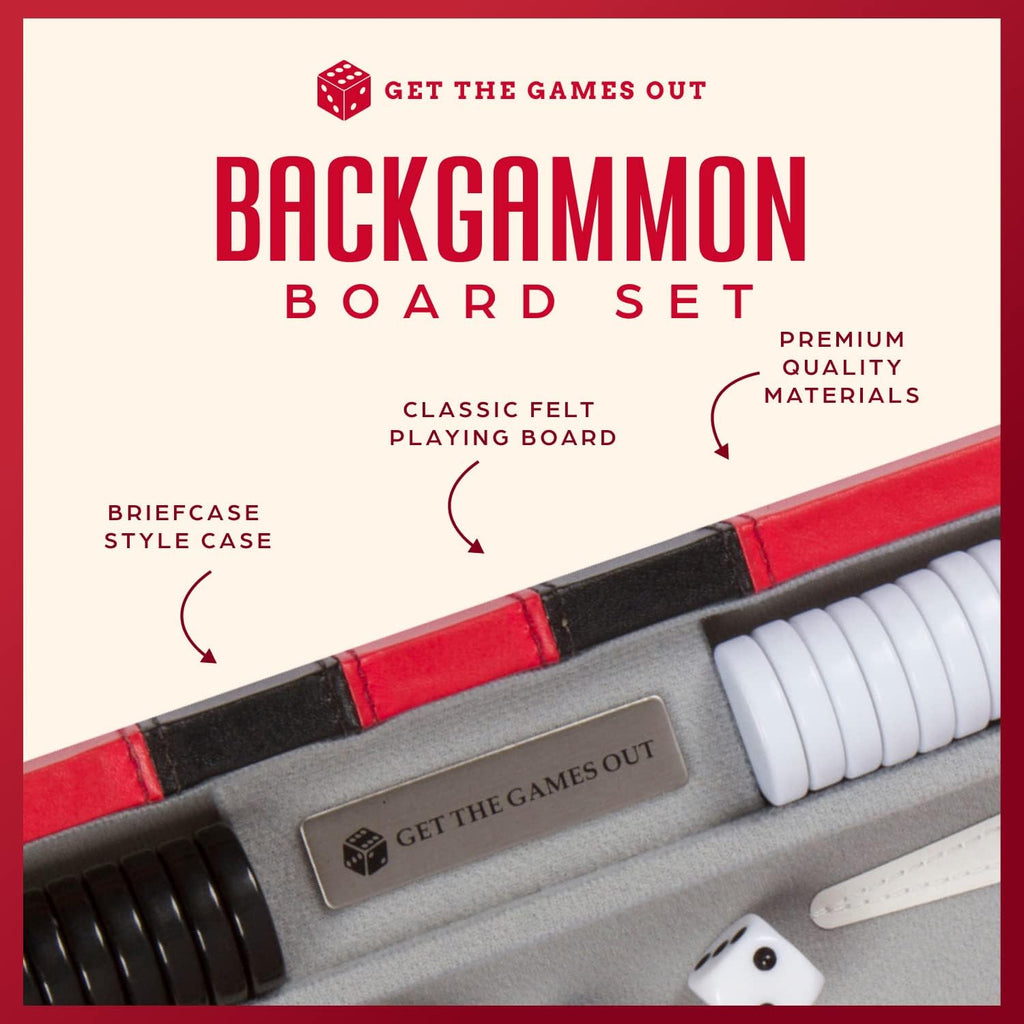 Get The Games Out Backgammon Set, Classic Board Game Case, 2 Players, Includes Strategy & Tip Guide, Perfect for Parties and Family Game Nights - Small, Red