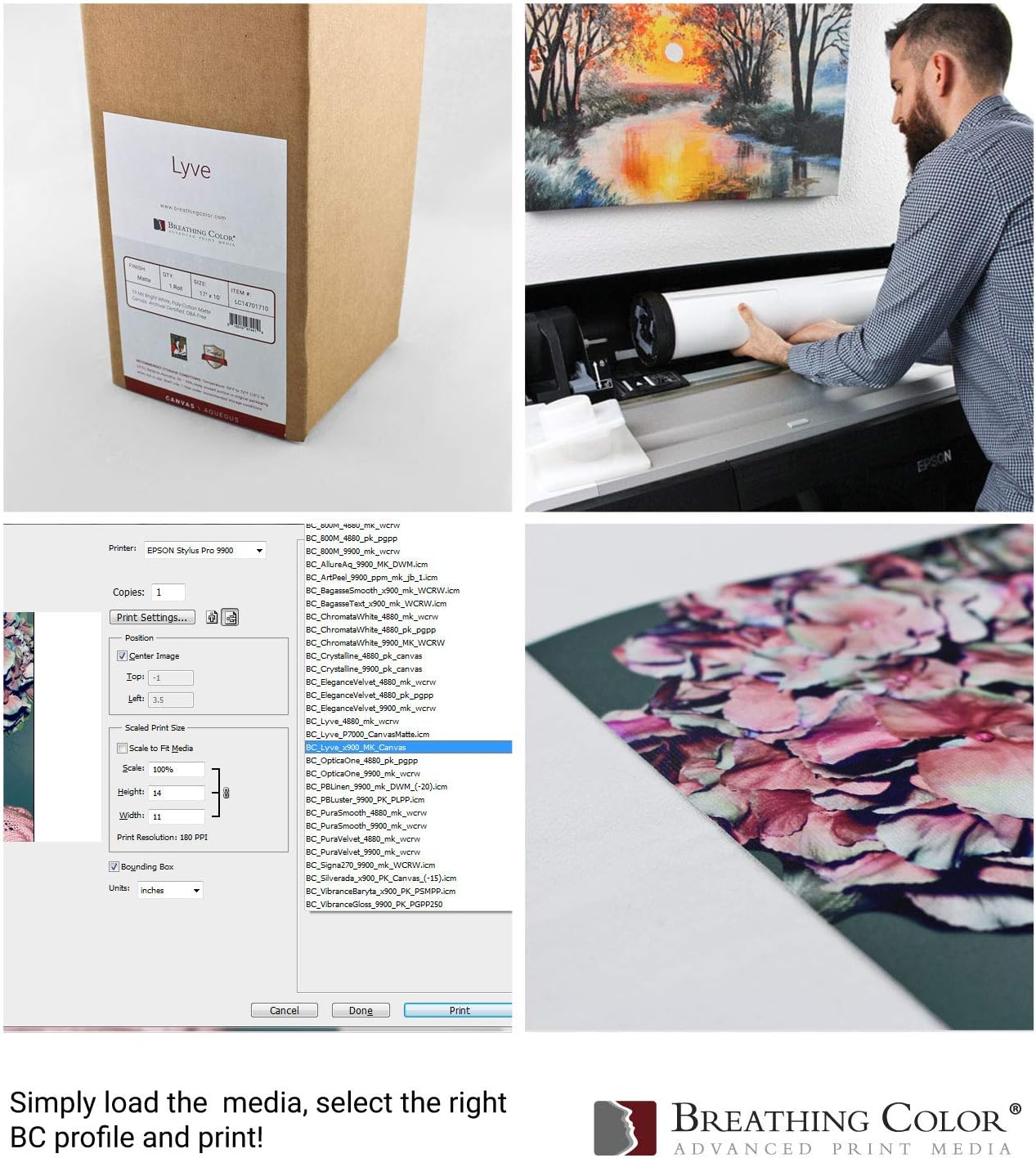 Premium Lyve Matte Canvas Paper Perfect For Use on Professional Makes and Models of Epson, Canon and HP printers preferred by Professionals. 19 mil textured Canvas offered in a 50 inch by 40 ft roll