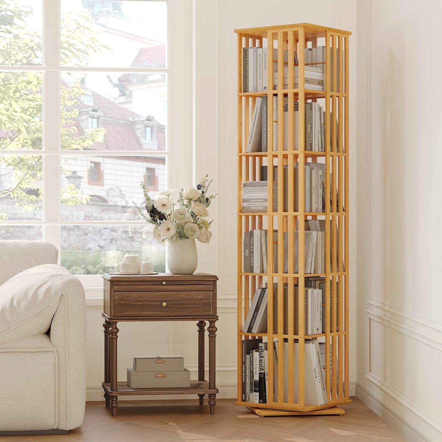 YOWOS Rotating Bookshelf Tower, 360 Display Spinning Bookcase, Bamboo Bookshelf Floor Standing Storage Rack, Wood Narrow Book Shelf Organizer for Kids&Adults(Nature, 6 Tier)