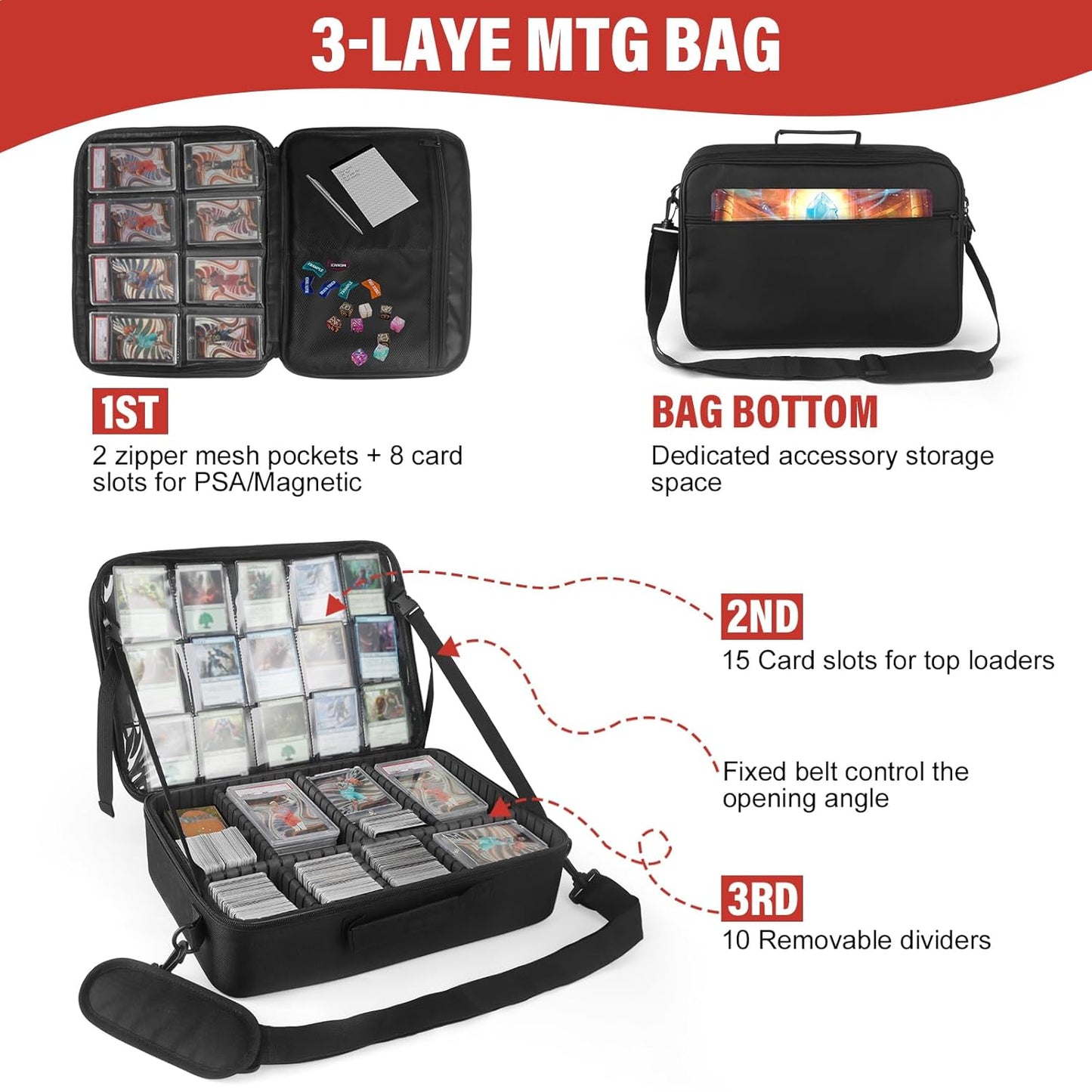 Xykzra MTG Bag Card Storage Box for 2000+ Cards,3-Layer Card Deck Box with Dividers and Shoulder Straps,Trading Card Case Fits for MTG/TCG/Magic/Sports Cards - Black