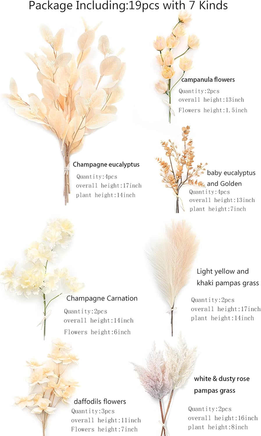 Serra Flora Artificial Greenery Spray Box Set(Pack of 19pcs) with 7 Kinds of DIY Wedding Bouquet Filler Table Centerpieces and Floral Arrangement (Champagne)