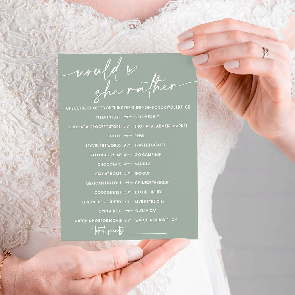 Bridal Shower Games Cards, Would She Rather Bridal Shower Game for 25 Guests, Engagement Party Wedding Games for Guests, Minimalist Green Wedding Party Supplies - C11