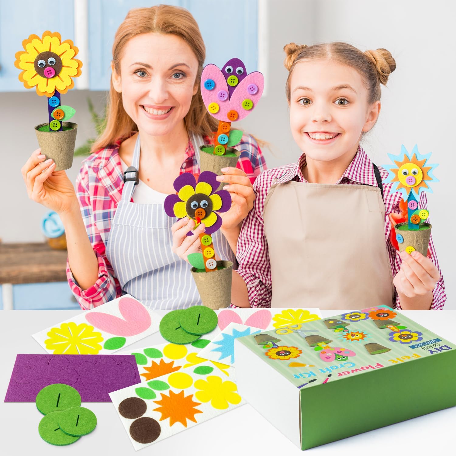 WATINC Mother's Day Spring Felt Flower Craft Kits - Make Your Standing Flowers Gift Crafts with Buttons Flower Pot Decor, DIY Flowers Decorations Home School Fun Activities for Mom Kids (16Pcs)