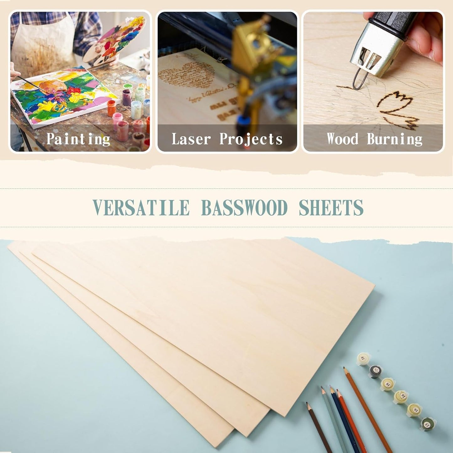 6 Pack 10.7 x 7 x 1/4 Inch-6mm Thick Basswood Sheets for Crafts Unfinished Plywood Sheets Rectangular Wood Panel Boards for DIY Laser Project, Wood Burning, Engraving, Architectural Models, Staining
