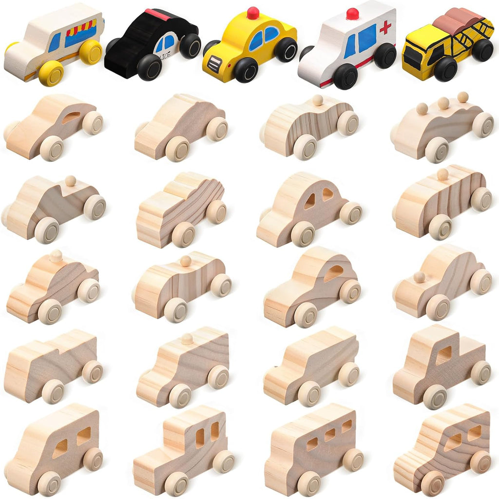 Leyndo 20 Pcs Small Wooden Cars to Paint for Kids Wooden Car Craft DIY Paintable Wood Cutouts Wood Car for Trucks Race Cars Bulk Crafts Painting Projects