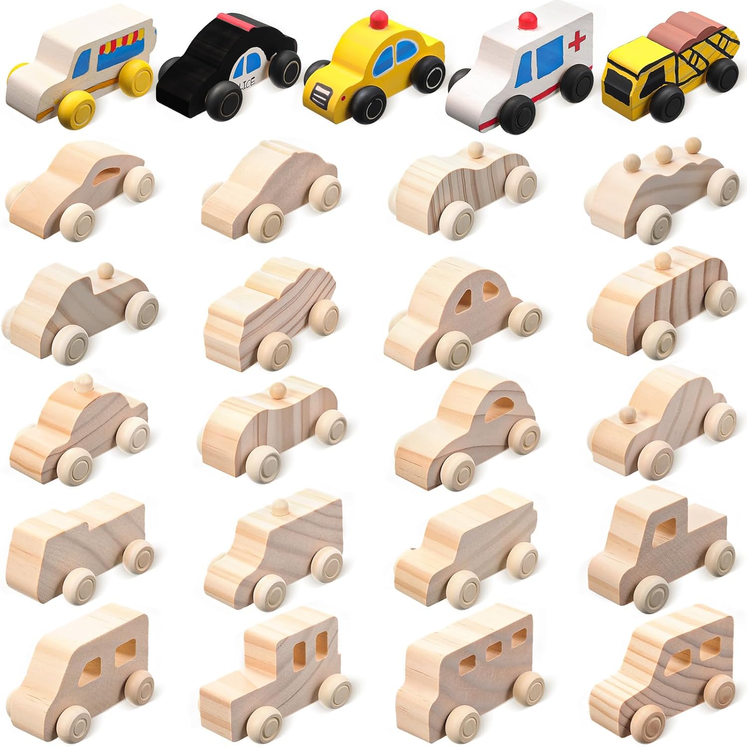 Leyndo 20 Pcs Small Wooden Cars to Paint for Kids Wooden Car Craft DIY Paintable Wood Cutouts Wood Car for Trucks Race Cars Bulk Crafts Painting Projects