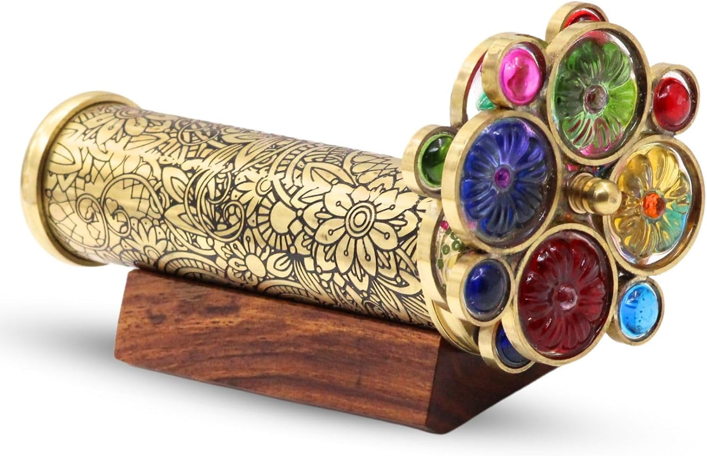 RII Handcrafted Etched Floral Pattern Lacquered Brass Kaleidoscope Includes Two Separate Turning Wheels-A Perfect Addition to any Collection. (7"x1.5")