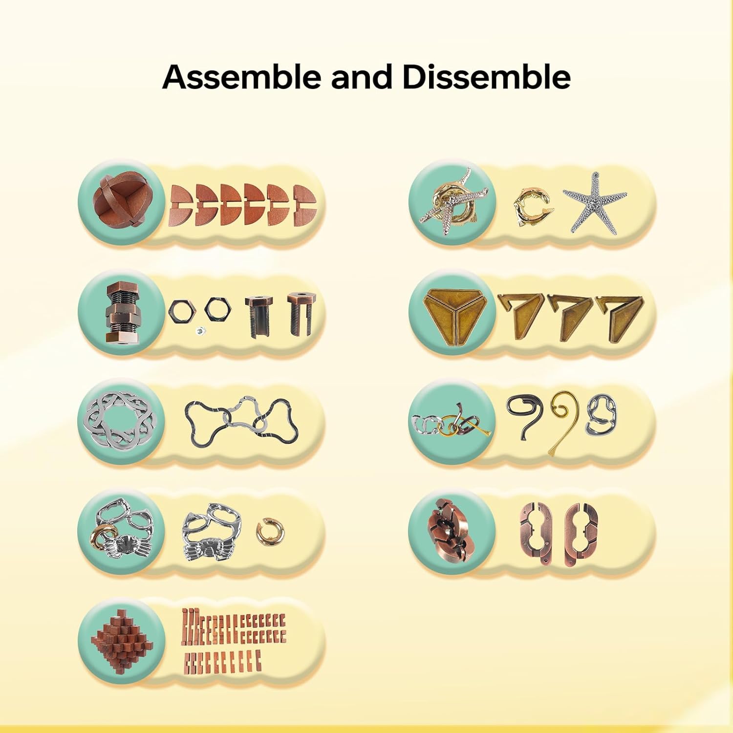 9pcs Retro Wooden and Metal Puzzles Bulk Gift for Kids, Teens, and Adults Unlock Interlock Brain Teaser Toys Game.