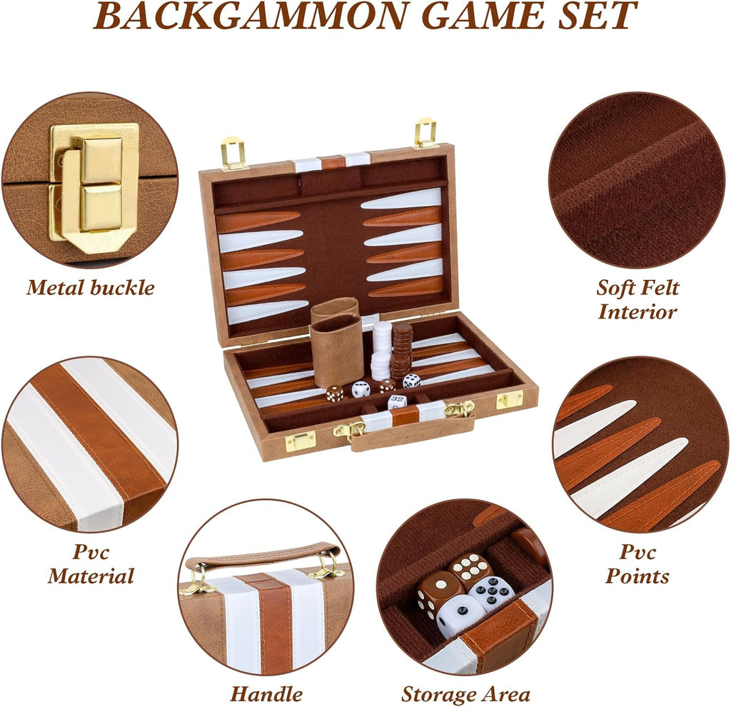 Backgammon Set 2 Players Classic Backgammon Sets for Adults Board Game with PU Leather Case Portable and Travel Backgammon Set (Retro Brown, 11inch)