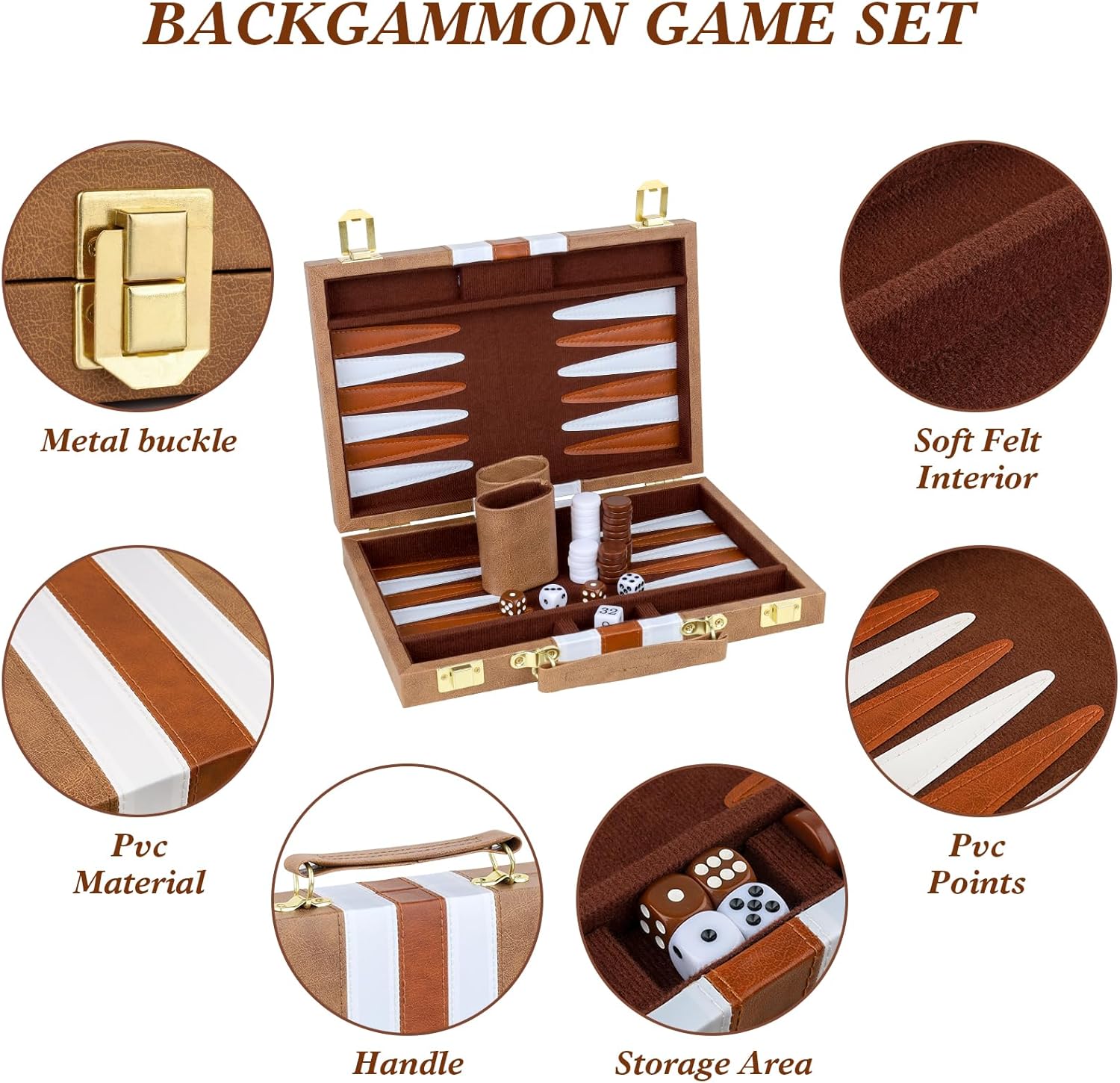 Backgammon Set 2 Players Classic Backgammon Sets for Adults Board Game with PU Leather Case Portable and Travel Backgammon Set (Retro Brown, 11inch)