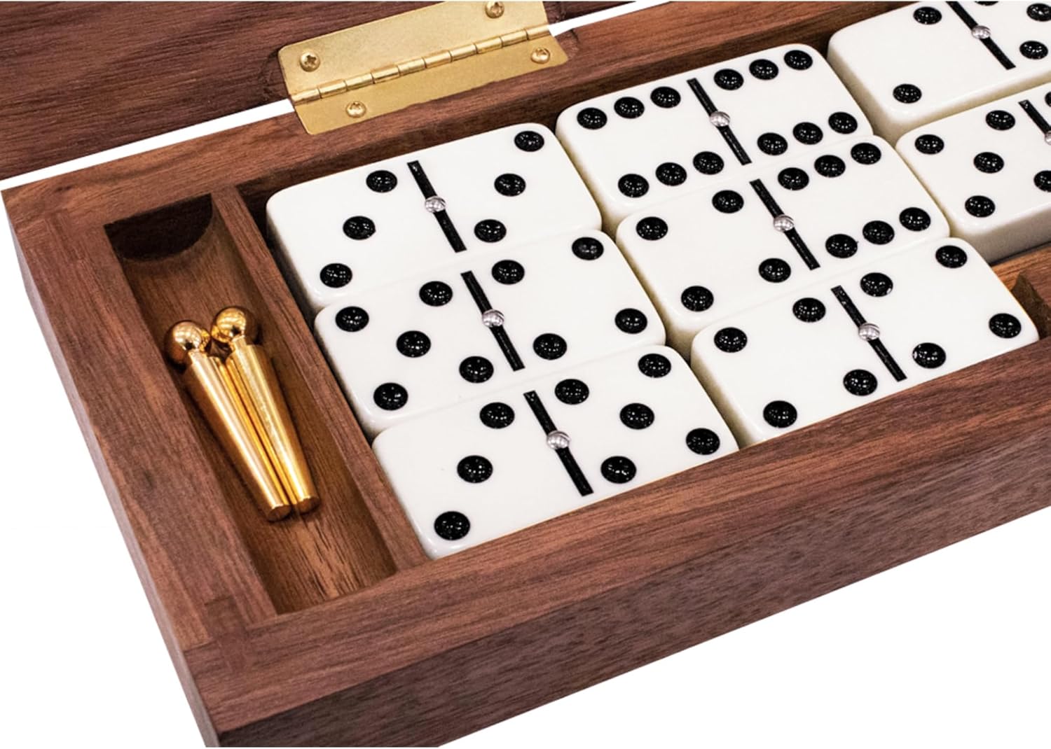Alex Cramer Le Club Luxury Domino Set with USA-Made Handcrafted Walnut Case and Cribbage Top - 28 Tournament Quality Indestructible Spinner Dominoes. Gold & Nickel pegs