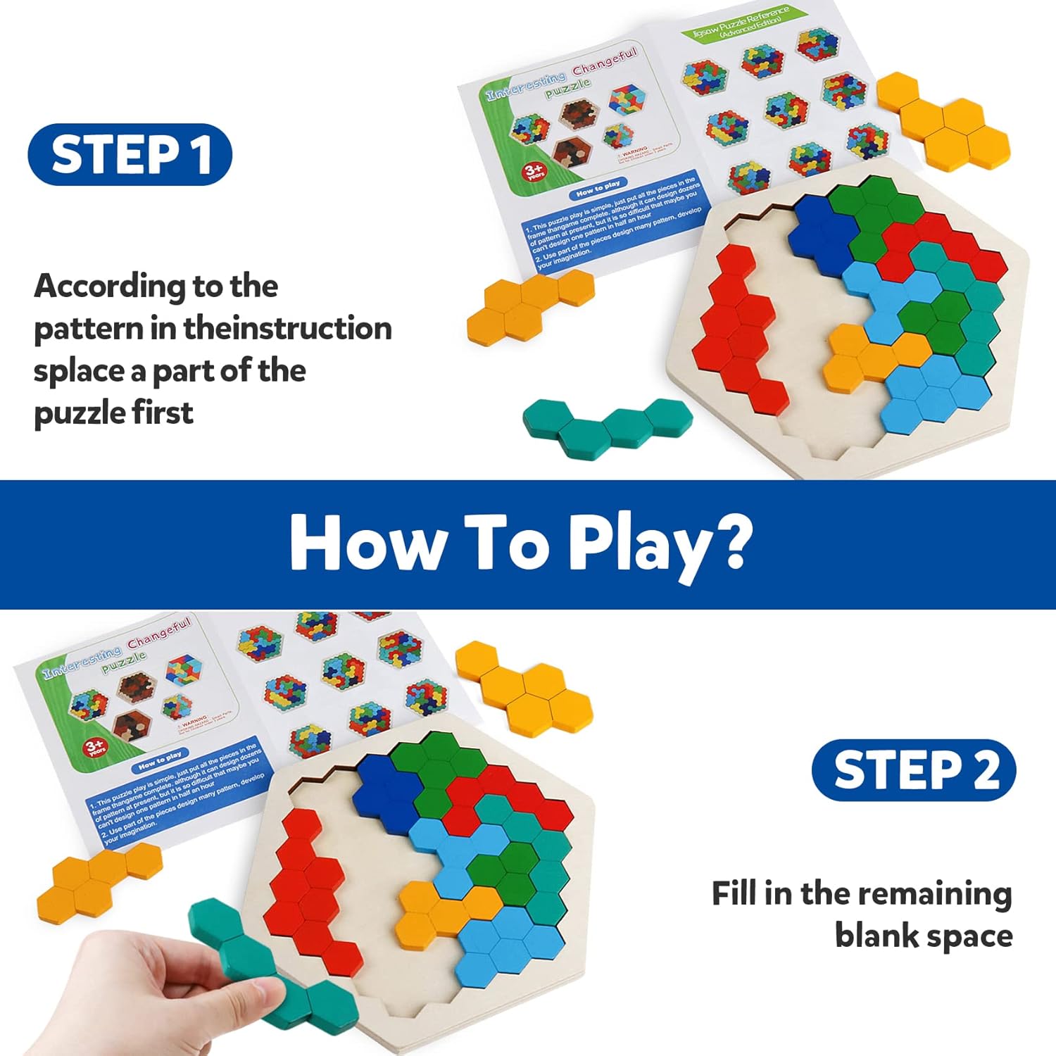 Skrtuan Wooden Blocks Puzzle for Kid Adults Brain Teaser Hexagon Puzzles Games Toy Shape Pattern Block Tangram Geometry Logic IQ STEM Montessori Educational Gift for Kids Boys Girls Challenge