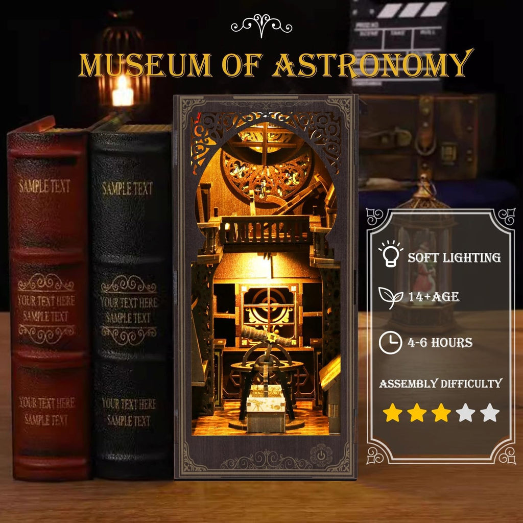Book Nook Kits for Adults, 3D Printed DIY Miniature House Kit Astronomical Museum Booknook Wooden Puzzle Dollhouse Bookshelf Insert Decor with LED Lights Gifts for Book Lovers, Space Enthusiasts