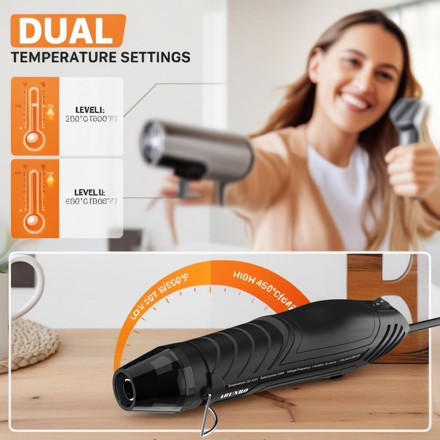 Mini Heat Gun 300W, 482℉ & 662℉（250℃& 350℃）Fast Heat Hot Air Gun Tool with Reflector Nozzle and 6.6Ft Long Cable Overload Protection for Crafting, Vinyl Wrap and Shrink Tubing