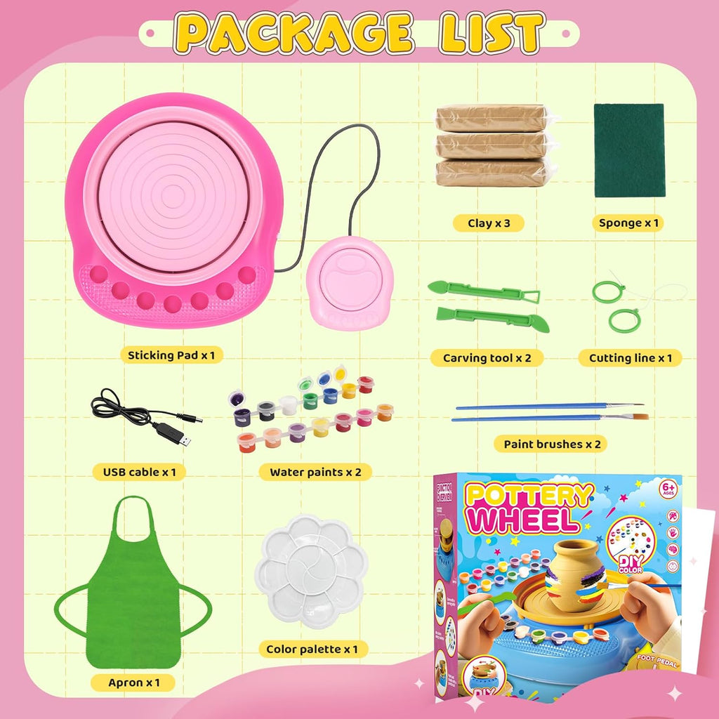 Pottery Wheel for Kids– Complete DIY Pottery Painting Kit for Ages 8-12 Beginners with 4 Air-Dry Clay Packs and Tools, Arts & Crafts Supplies Toys Birthday Gift for Boys Girls 6+ Years Old (Pink)