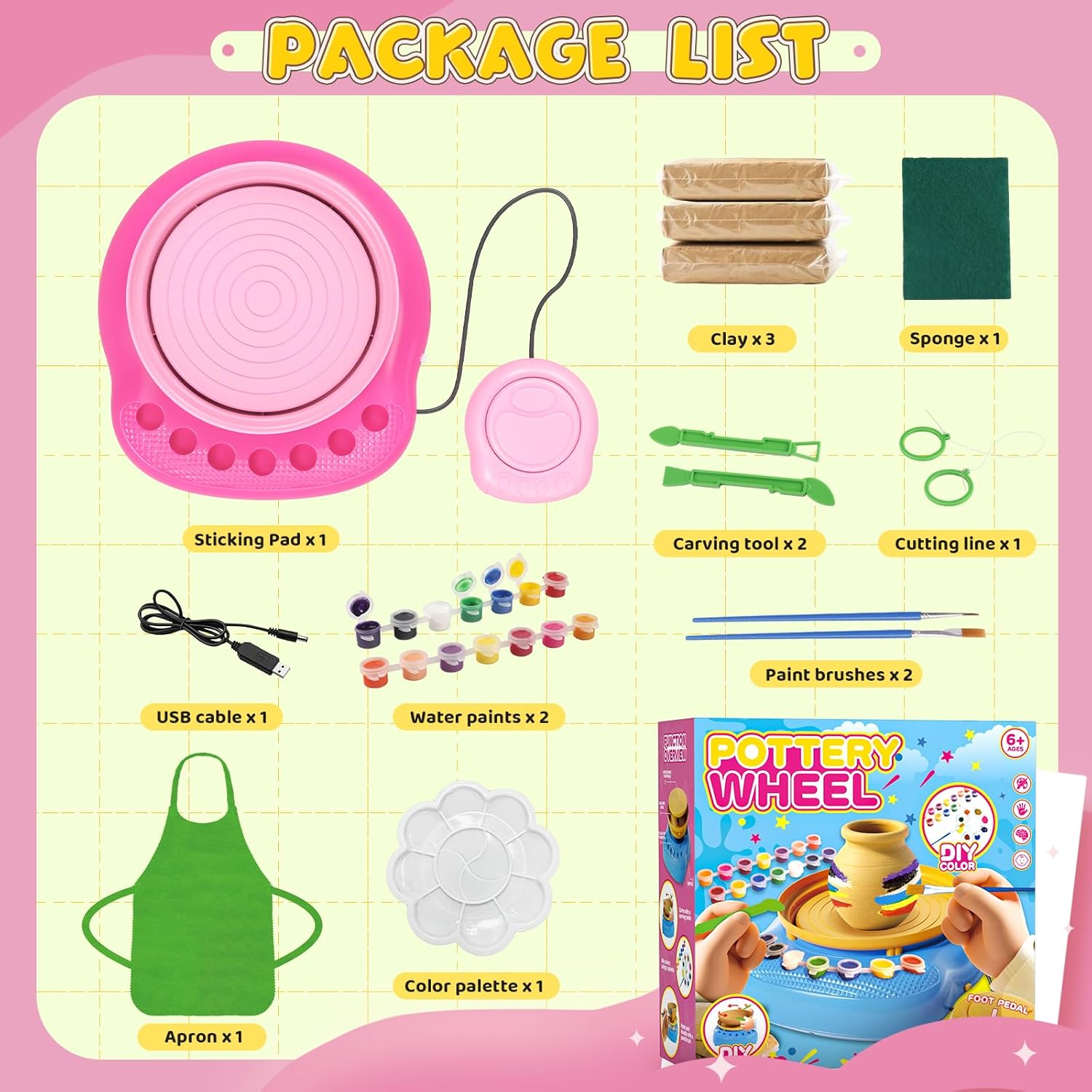 Pottery Wheel for Kids– Complete DIY Pottery Painting Kit for Ages 8-12 Beginners with 4 Air-Dry Clay Packs and Tools, Arts & Crafts Supplies Toys Birthday Gift for Boys Girls 6+ Years Old (Pink)