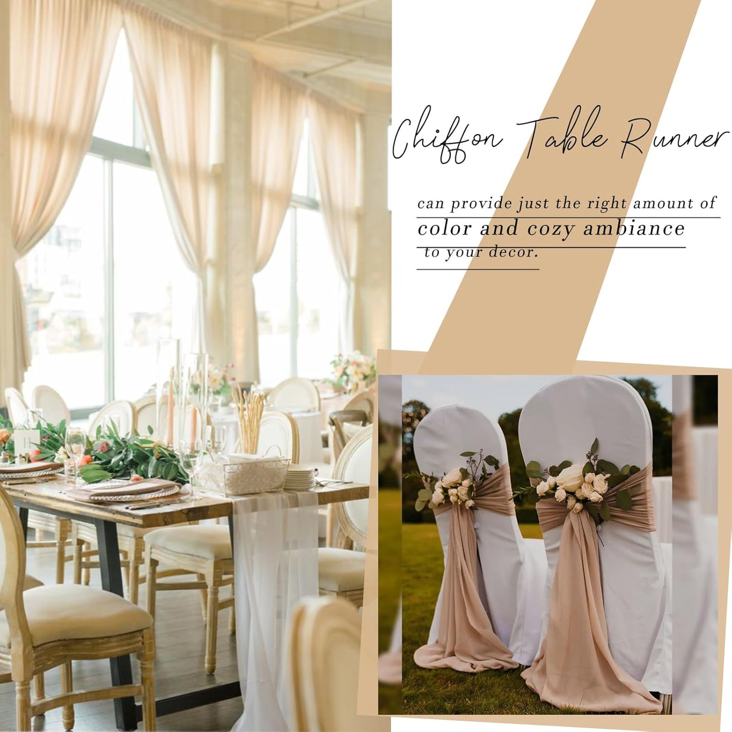 5 Packs Champagne Chiffon Table Runner 30 x 120 Inches Sheer Table Runner 10ft Romantic Chiffon Table Runner for Wedding Decor Birthday Party Bridal Baby Shower Decoration