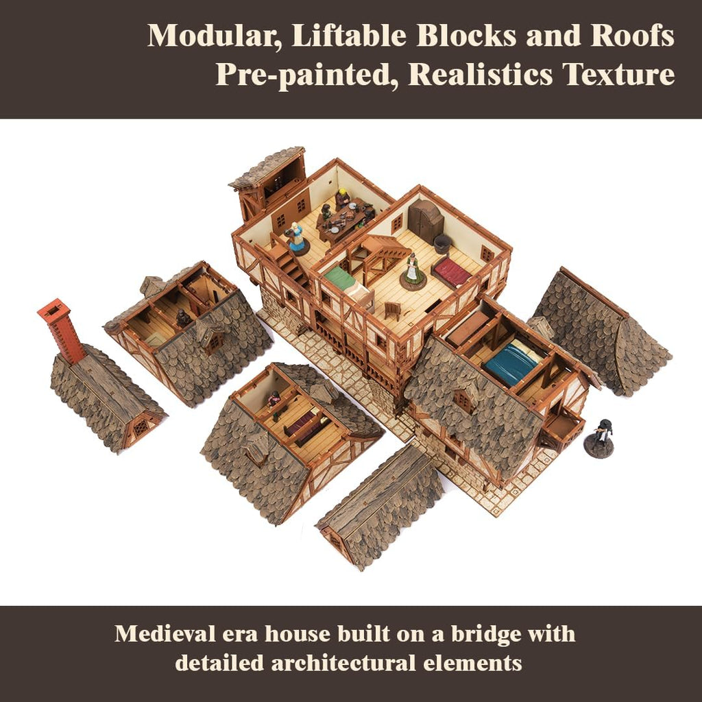 Fawlty Manor (Pro Texture) - Bridge Dwelling - Medieval Tavern - Medieval Europe Series - 3D Puzzle - Architectural Model Kit - DIY - 28mm Scale – 465 Pieces – Ages 15 Years and Above