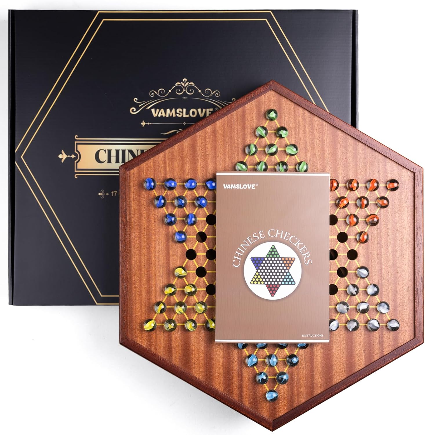 VAMSLOVE Large 17" Chinese Checkers Board Game for 2-6 Player Wooden Game Board, 16mm 60+12 Colorful Glass Marbles, Easy Grasping for Adults and Kids, w/Storage Drawer, Fun for Family Gathering