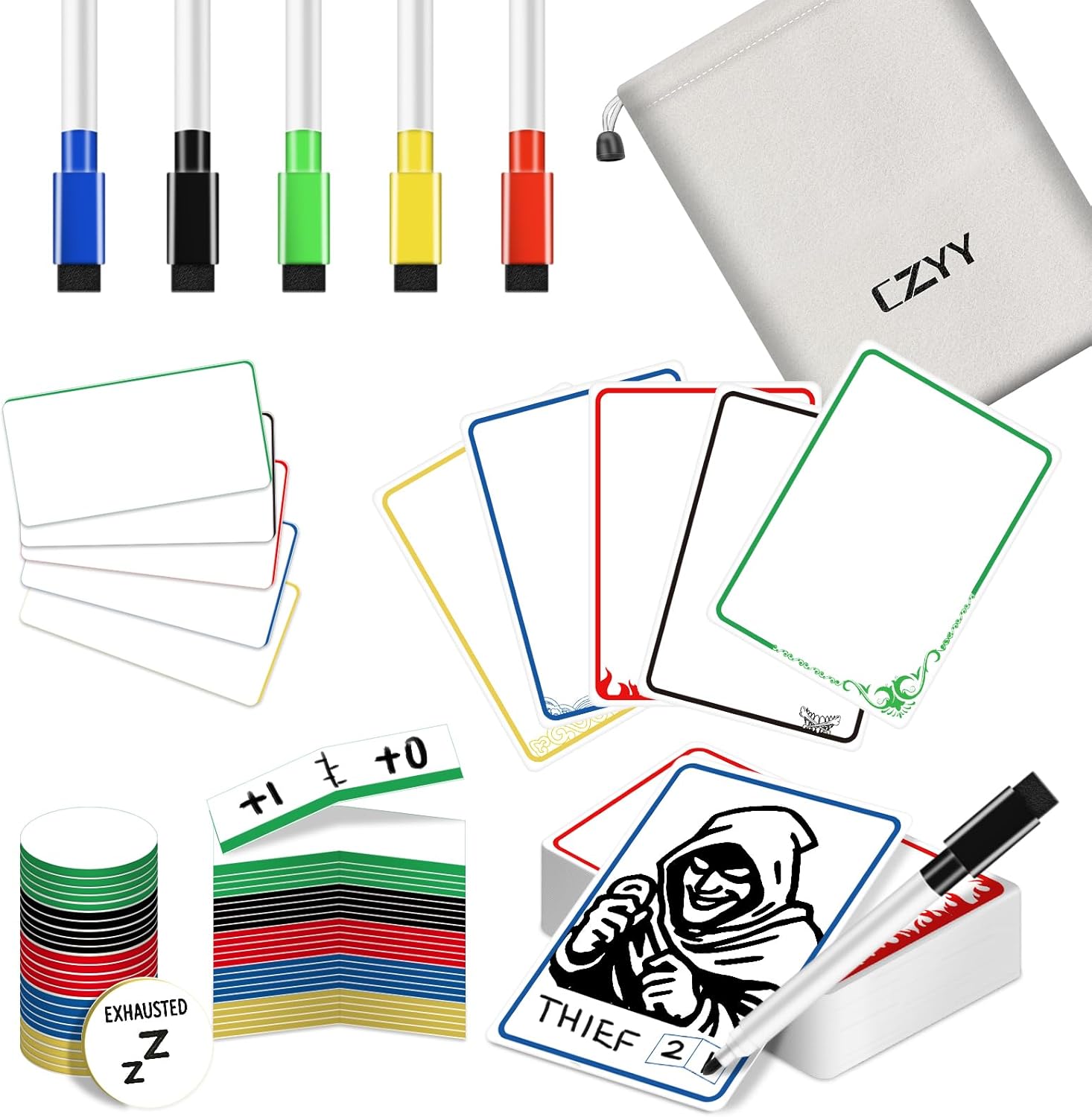 All-in-One Dry Erase MTG Tokens Gift Bundles - 50 Reusable Proxy Cards + 75 Blank Acrylic Counters & Tags Set with 5 Color-Coded Markers for TCG Players, Commander Decks & D&D
