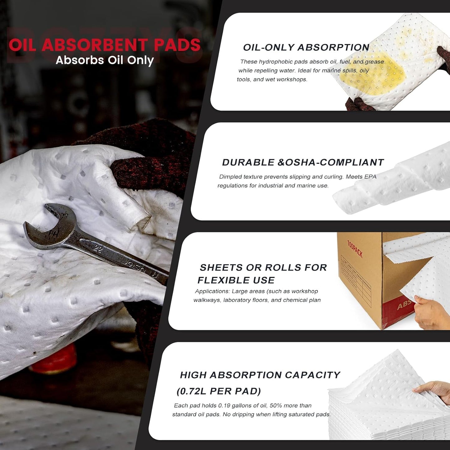 Oil Absorbent Pads | 16"x20" Oil-Only Spill Mat 100-Pack | Industrial Spill Control for Oil & Fuel(32 Gal/Box) | Repels Water Absorbing Sheets