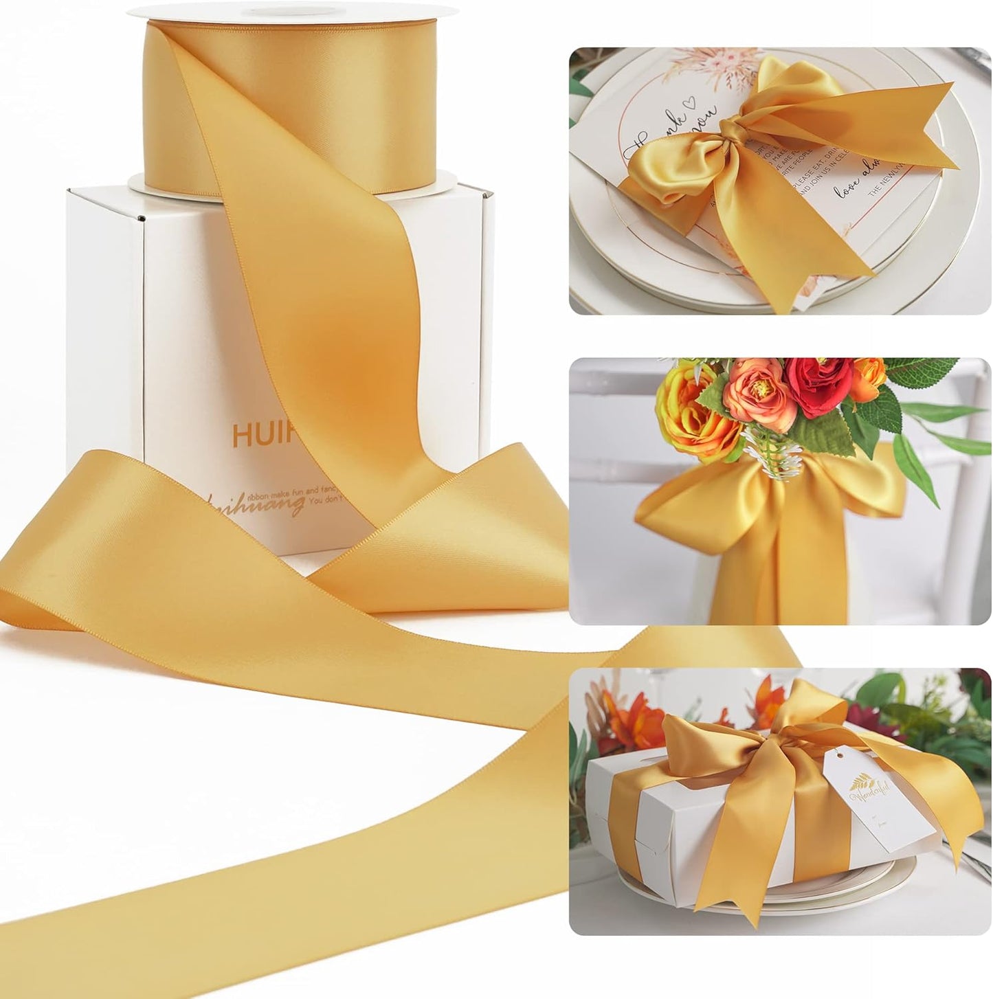 HUIHUANG Old Gold Satin Ribbon - 2 inch Wide Double Face Gold Silk Like for Wedding, Crafts, Gift Wrapping, Christmas Decor, Bows - 25 Yards/Roll