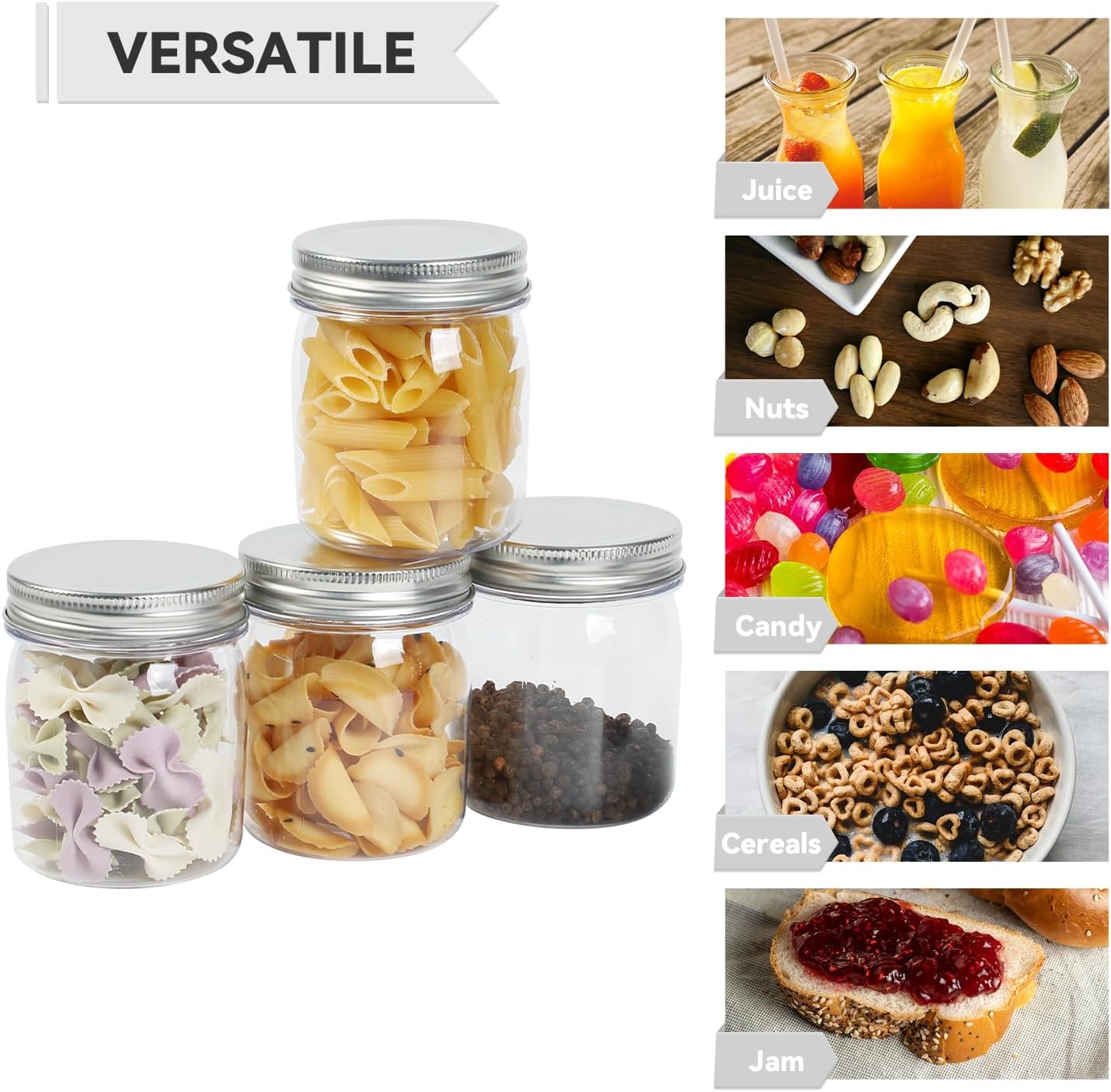 novelinks 8 oz Clear Plastic Jars with Screw-On Lids - BPA-Free Refillable Storage Containers for Slime, Spices, Crafts, Kitchen & Home Organization (32 Pack,Silver)