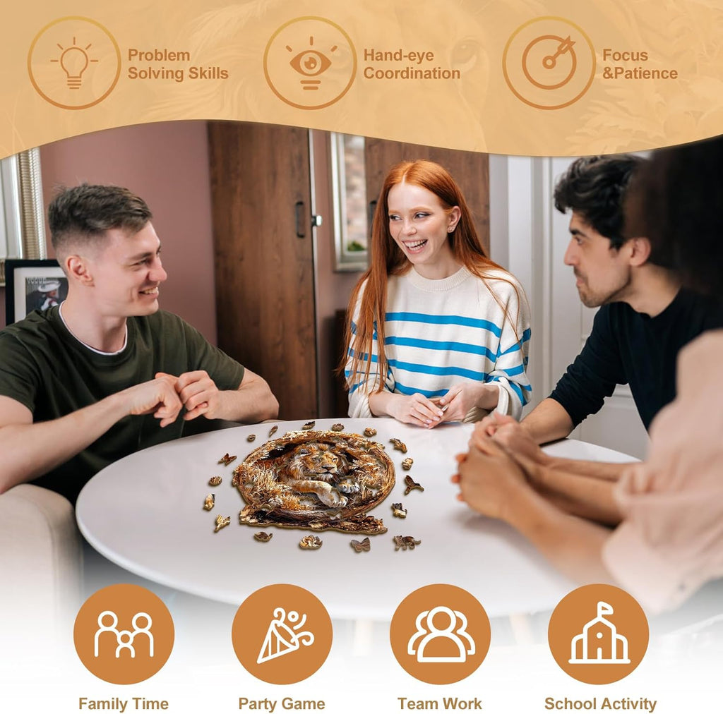 KAAYEE Wooden Puzzles for Adults, 3D Vision Effect Lion King Wooden Jigsaw Puzzles 300 PCS Unique Shape Advanced Wood Puzzle Adult, Fathers Birthday Family Game (L-13.4 * 13.4in)