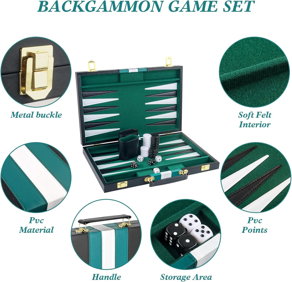 Backgammon Set 2 Players Classic Backgammon Sets for Adults Board Game with Black PU Leather Case Portable and Travel Backgammon Set (Green, 15inch)